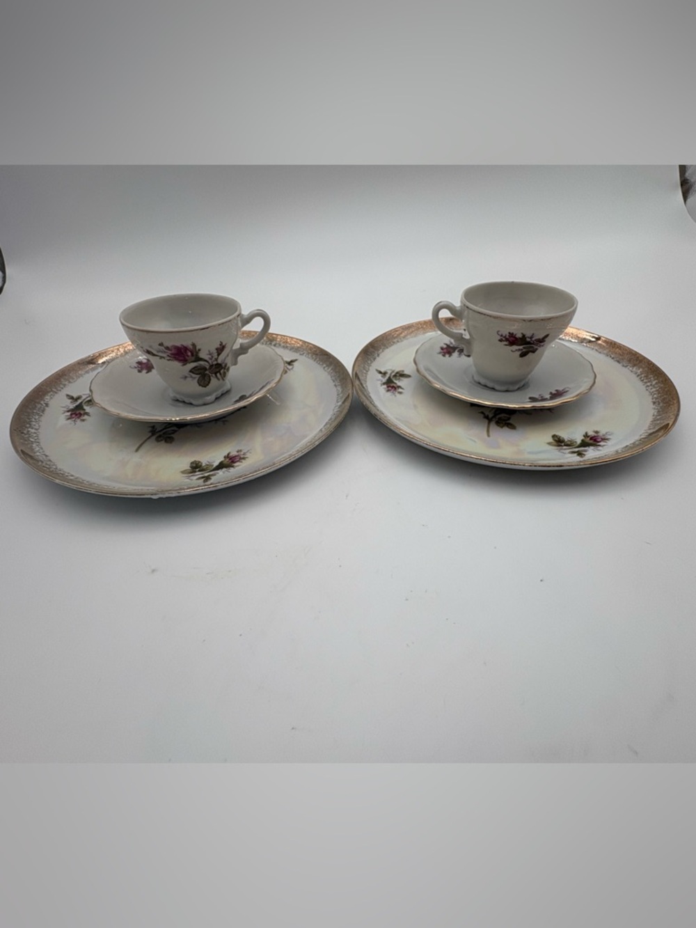 Vintage Floral Porcelain Tea Cup, Saucer, and Cake Plate Set